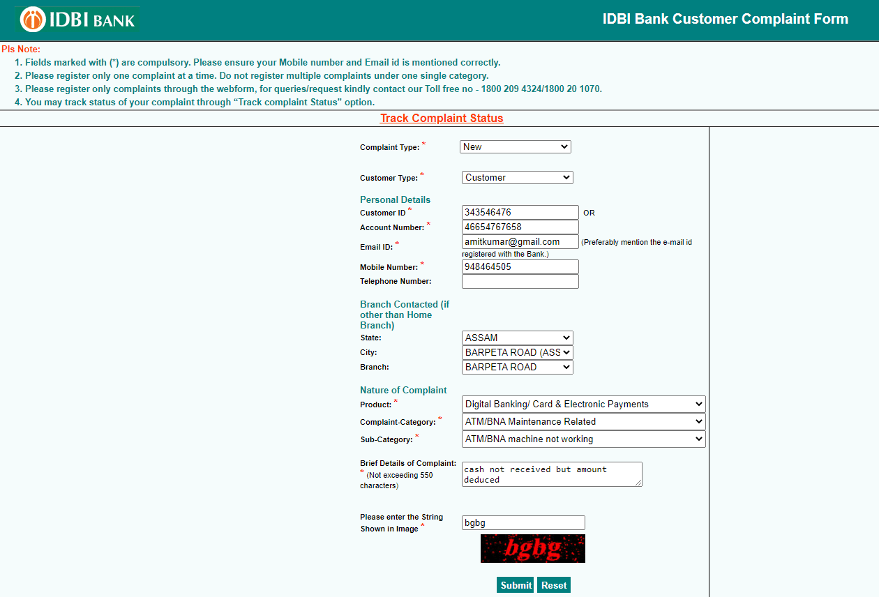 idbi bank customer complaint form