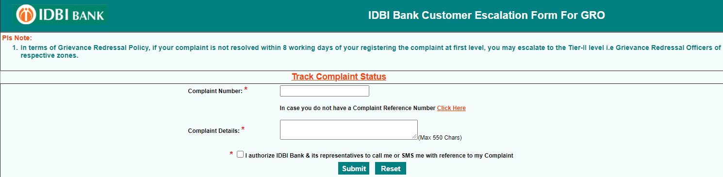 submit complaint to grievance redressal officer idbi bank